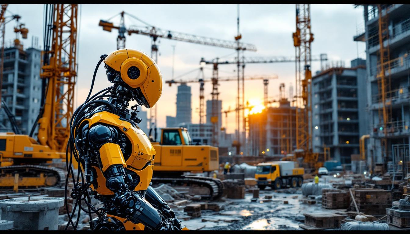 A photograph of a construction site featuring a variety of machinery in action
