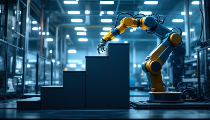 A photograph of a sleek industrial robotic arm in action