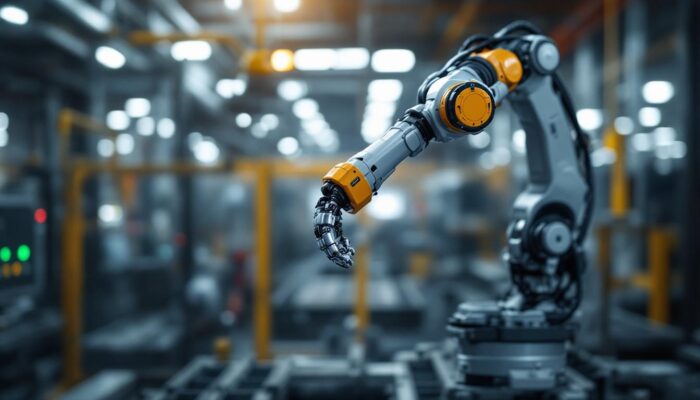 A photograph of a sleek industrial robotic arm in action