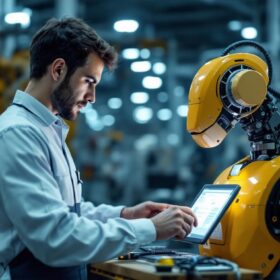 A photograph of a skilled technician programming an industrial robot in a modern manufacturing facility