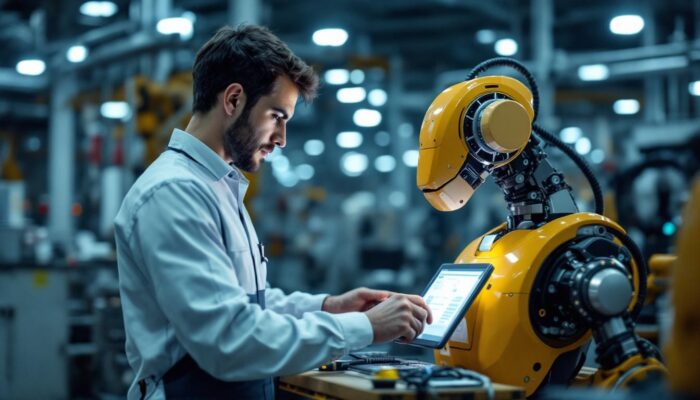 A photograph of a skilled technician programming an industrial robot in a modern manufacturing facility