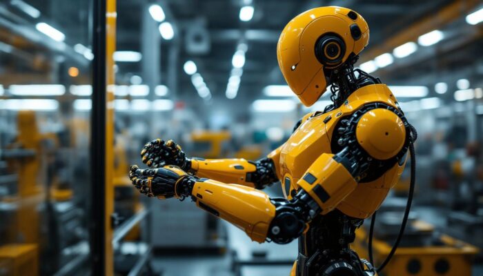 A photograph of a sleek industrial robot in action within a manufacturing environment