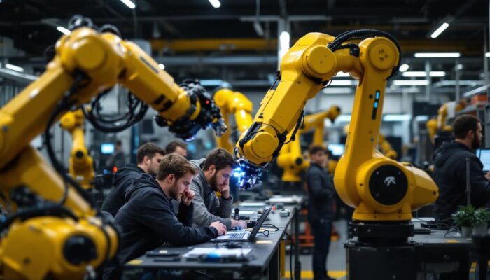 A photograph of a dynamic scene featuring students engaging with industrial robots in a college lab setting