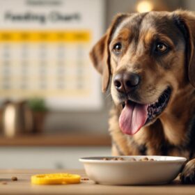 A photograph of a healthy labrador retriever being fed with a measuring cup and a feeding chart displayed prominently in the background