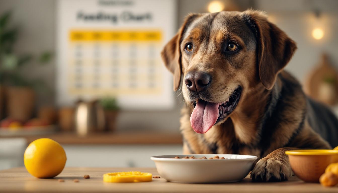 A photograph of a healthy labrador retriever being fed with a measuring cup and a feeding chart displayed prominently in the background