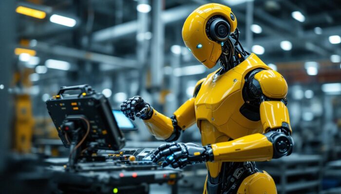 A photograph of a sleek industrial robot in action