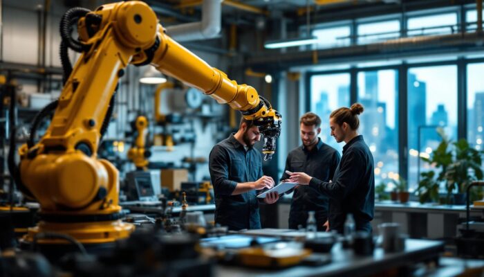 A photograph of a dynamic industrial robotics workspace in boston