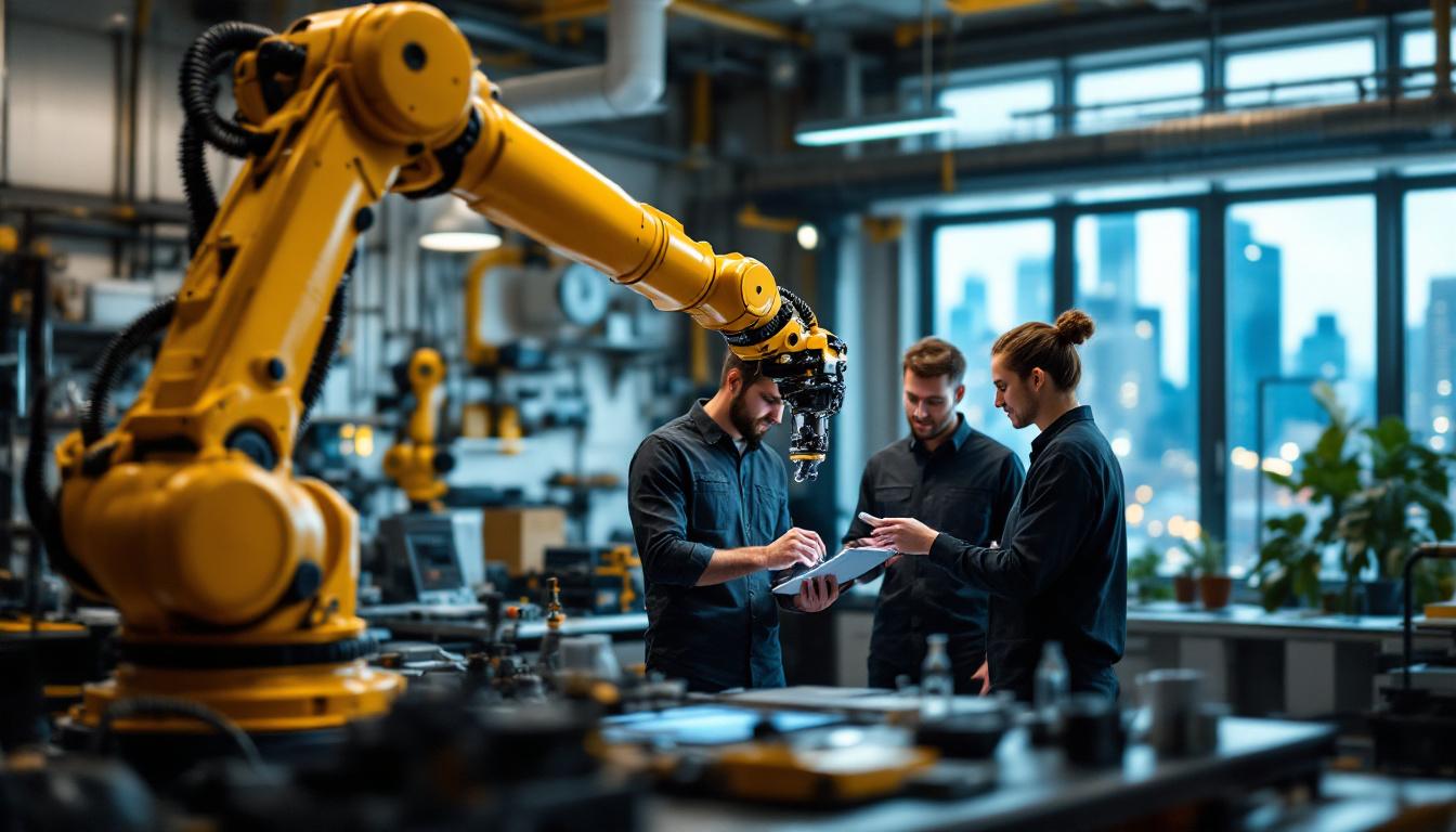 A photograph of a dynamic industrial robotics workspace in boston