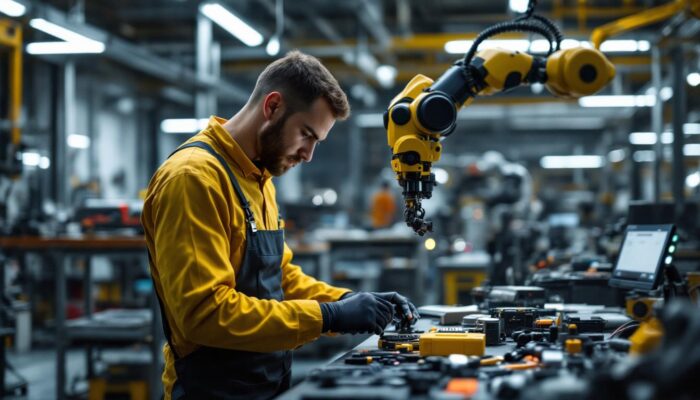 A photograph of a skilled technician programming a robotic arm in a modern industrial setting