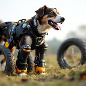 A photograph of a dog using an industrial robotic wheel system on its back legs