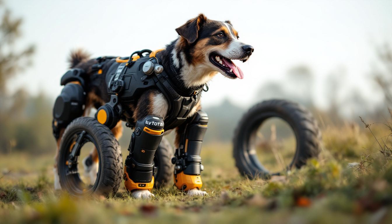 A photograph of a dog using an industrial robotic wheel system on its back legs