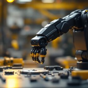 A photograph of a sleek mini robot arm in action