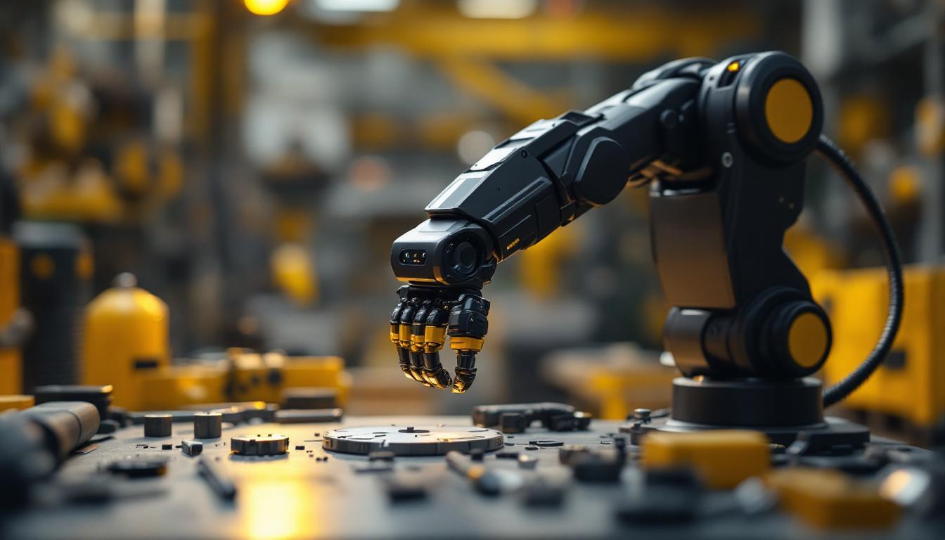 A photograph of a sleek mini robot arm in action