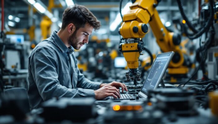 A photograph of a skilled technician programming an fpga while surrounded by industrial robotic components