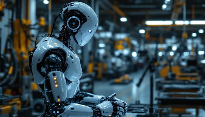 A photograph of a humanoid robot engaged in an industrial task