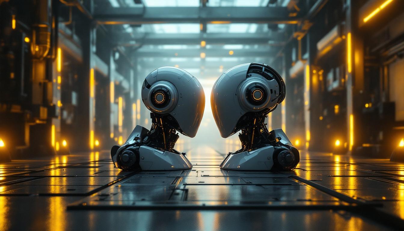 A photograph of a serene and dreamlike scene featuring a pair of identical twin robots in a futuristic industrial setting