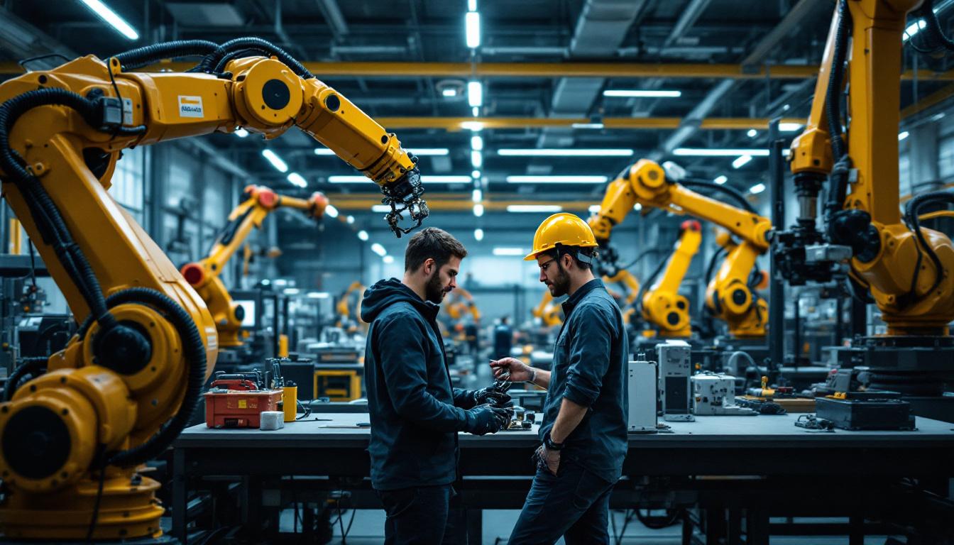A photograph of capture a photograph of a modern industrial robotics workspace in massachusetts