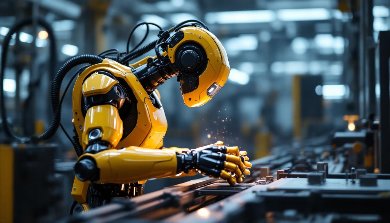 A photograph of a high-tech industrial robot performing a mass inspection task in a manufacturing setting