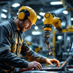 A photograph of a skilled technician programming or operating an industrial robot in a modern manufacturing environment