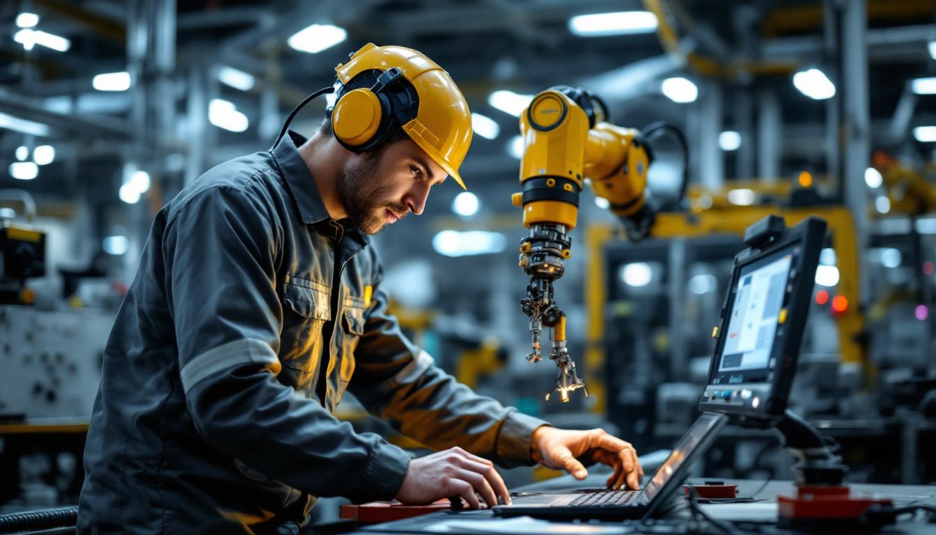 A photograph of a skilled technician programming or operating an industrial robot in a modern manufacturing environment