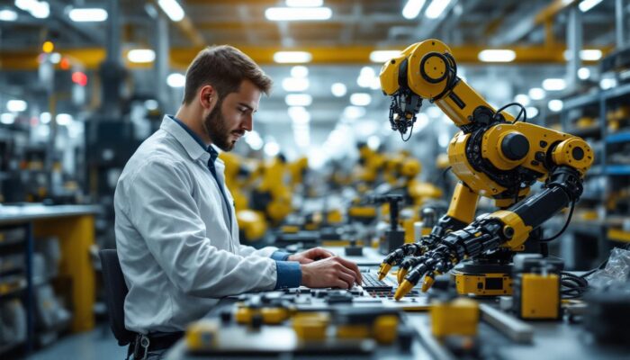 A photograph of a robotics engineer working in an industrial setting