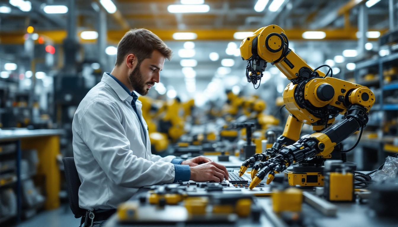 A photograph of a robotics engineer working in an industrial setting