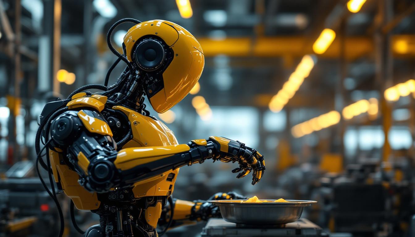 A photograph of a sleek industrial robot in action within a manufacturing environment