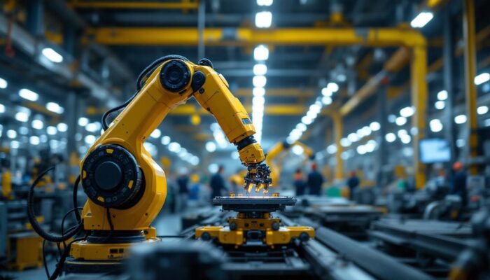 A photograph of a sleek industrial robotic arm in action