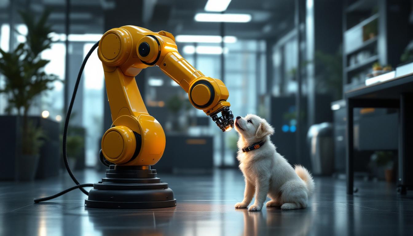 A photograph of a sleek industrial robotic arm interacting with a playful dog in a modern