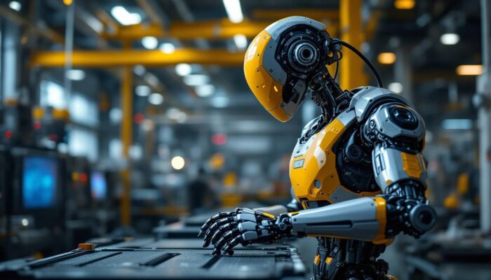 A photograph of a sleek industrial robot in action within a modern atlanta manufacturing facility