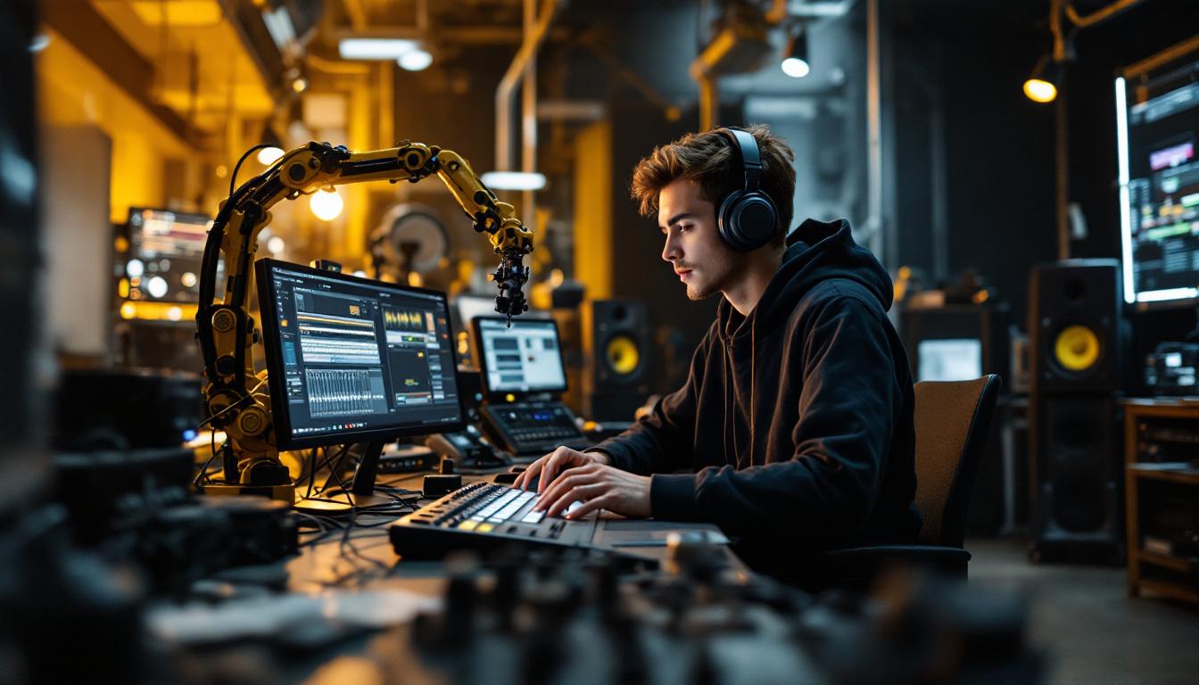 A photograph of a dynamic audio engineering workspace featuring a blend of industrial robotics and sound equipment