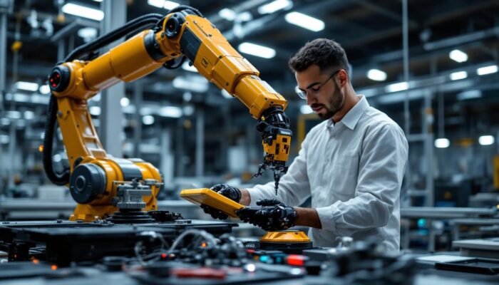 A photograph of a skilled operator programming an industrial robot to perform tasks