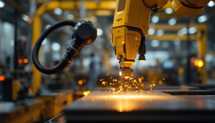 A photograph of a sleek atlas gen industrial robot in action