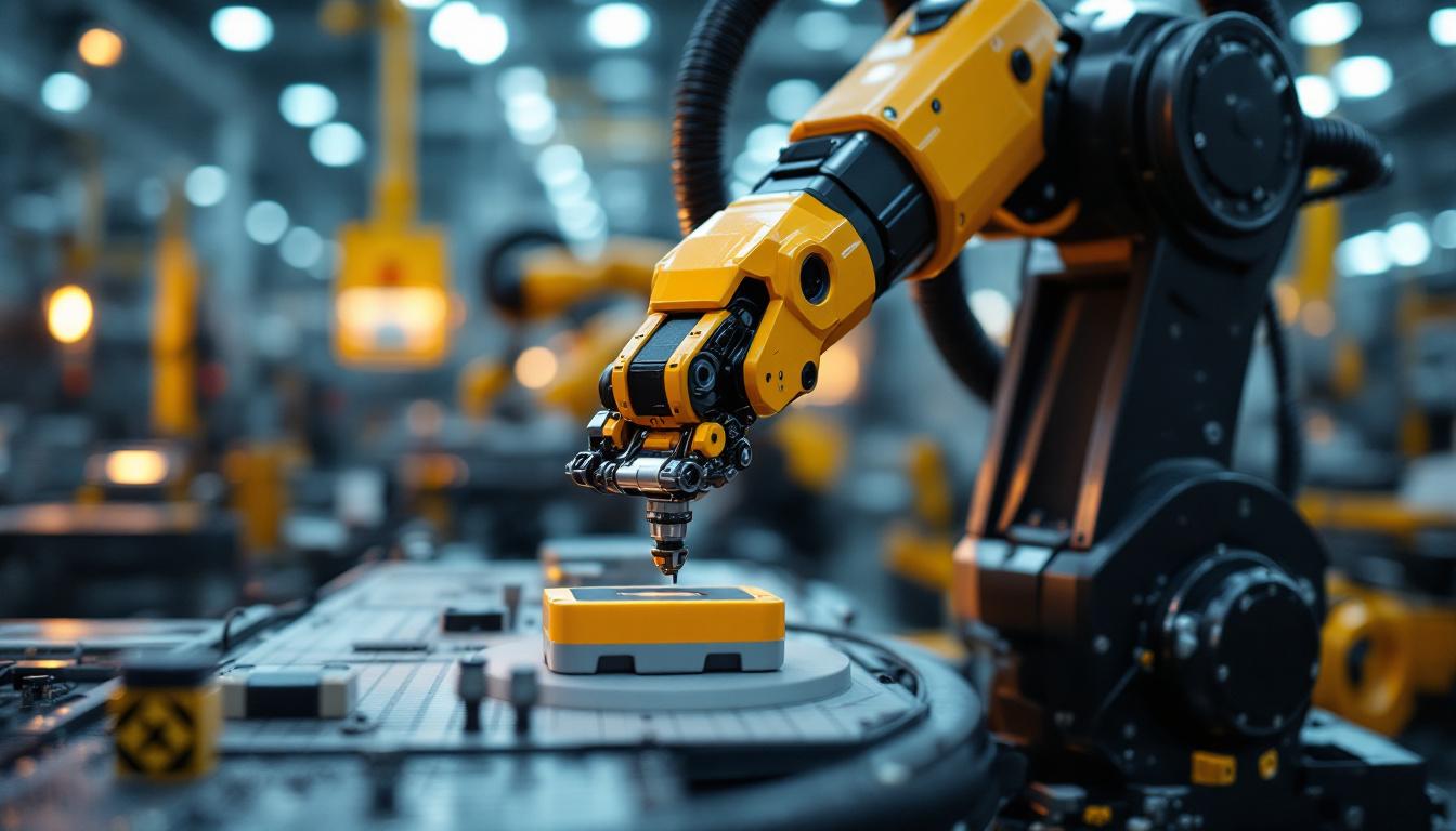 A photograph of a high-tech industrial robotic arm in action