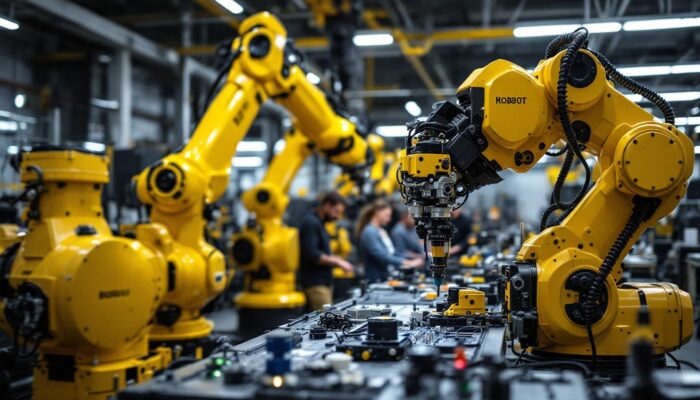 A photograph of a dynamic industrial robotics workspace at boston scientific