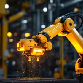 A photograph of capture a photograph of an industrial robotic arm in action