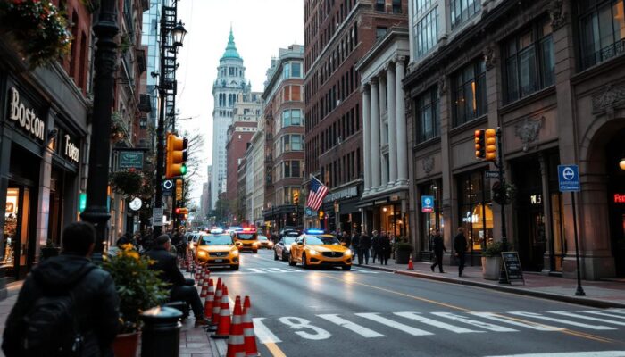 A photograph of capture a photograph of a bustling boston street scene that juxtaposes the city's historic architecture with modern industrial robotics