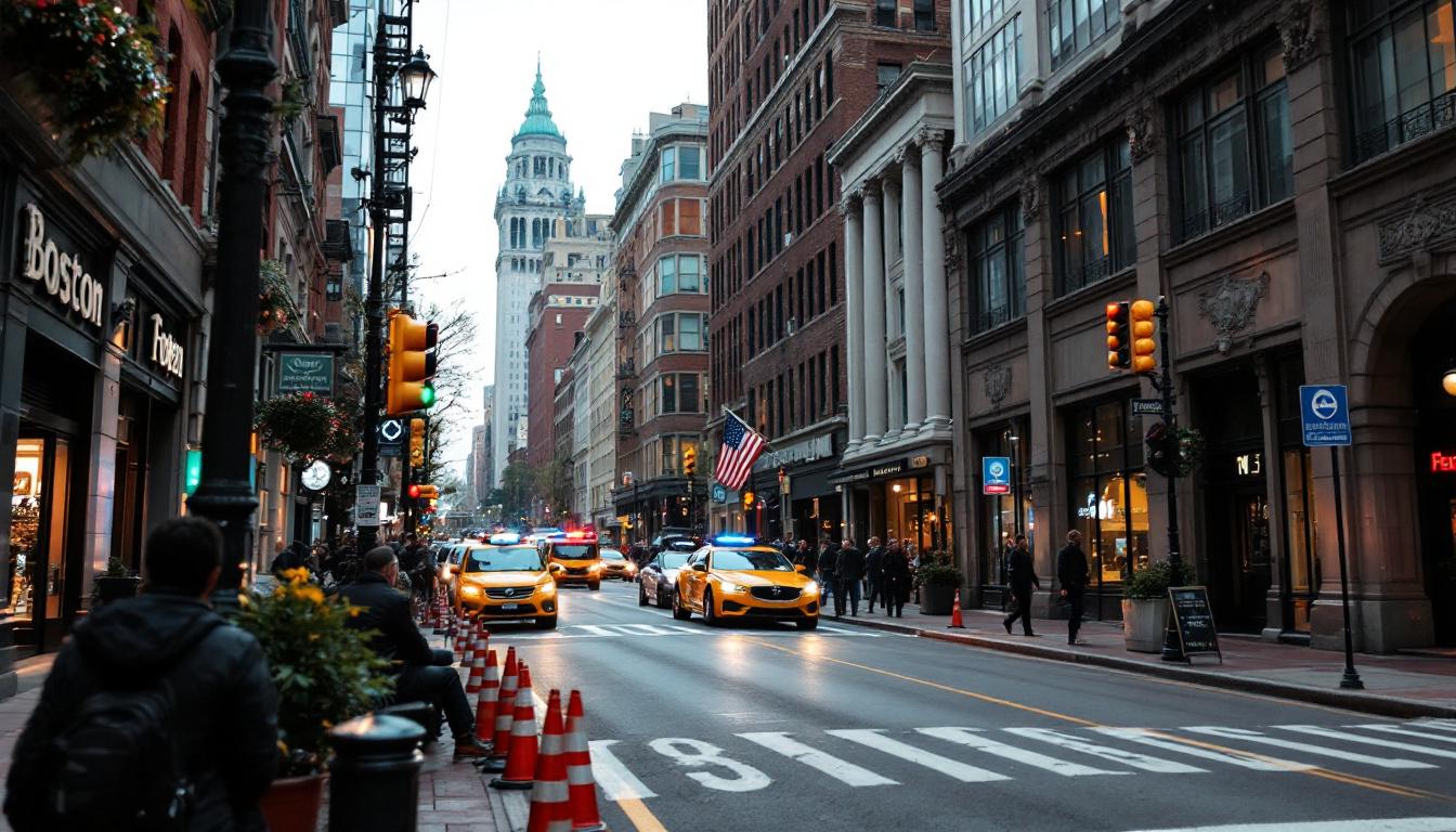 A photograph of capture a photograph of a bustling boston street scene that juxtaposes the city's historic architecture with modern industrial robotics