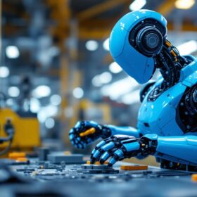 A photograph of a sleek blue industrial robot in action within a modern manufacturing environment