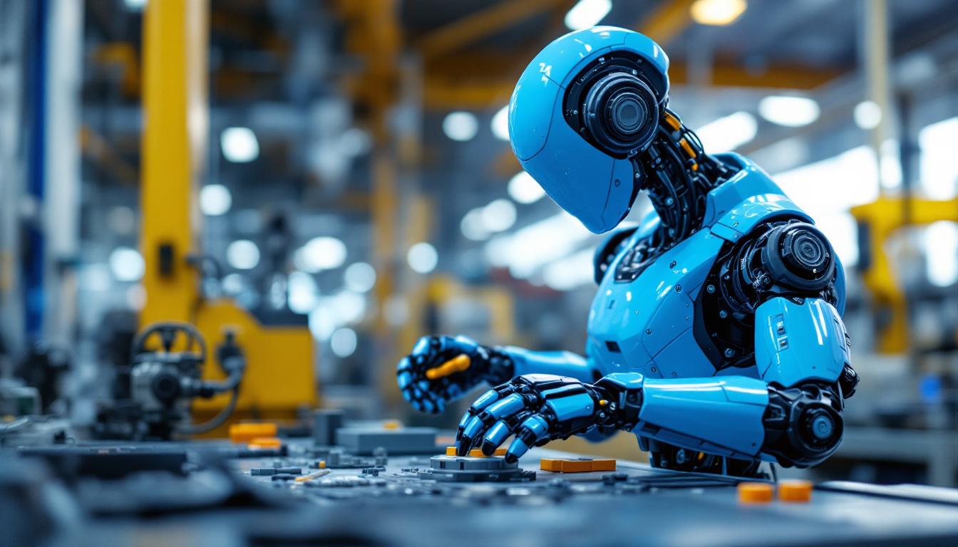 A photograph of a sleek blue industrial robot in action within a modern manufacturing environment