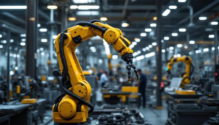 A photograph of a sleek industrial robotic arm in action within a modern manufacturing environment