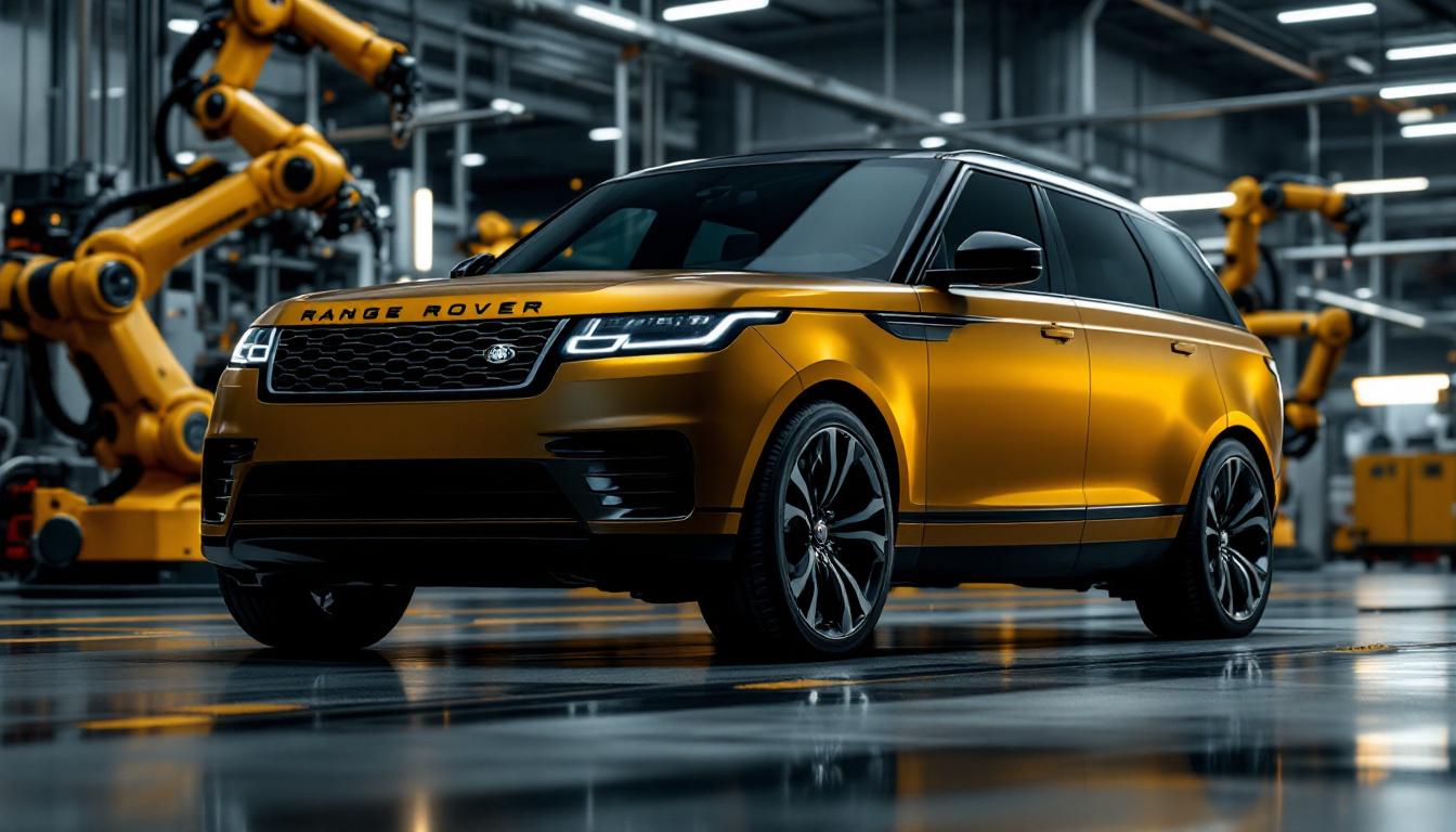 A photograph of a sleek range rover parked in an industrial setting