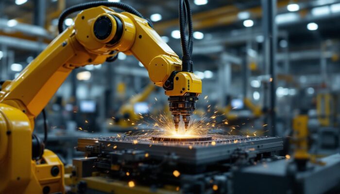 A photograph of a dynamic industrial robotic arm in action