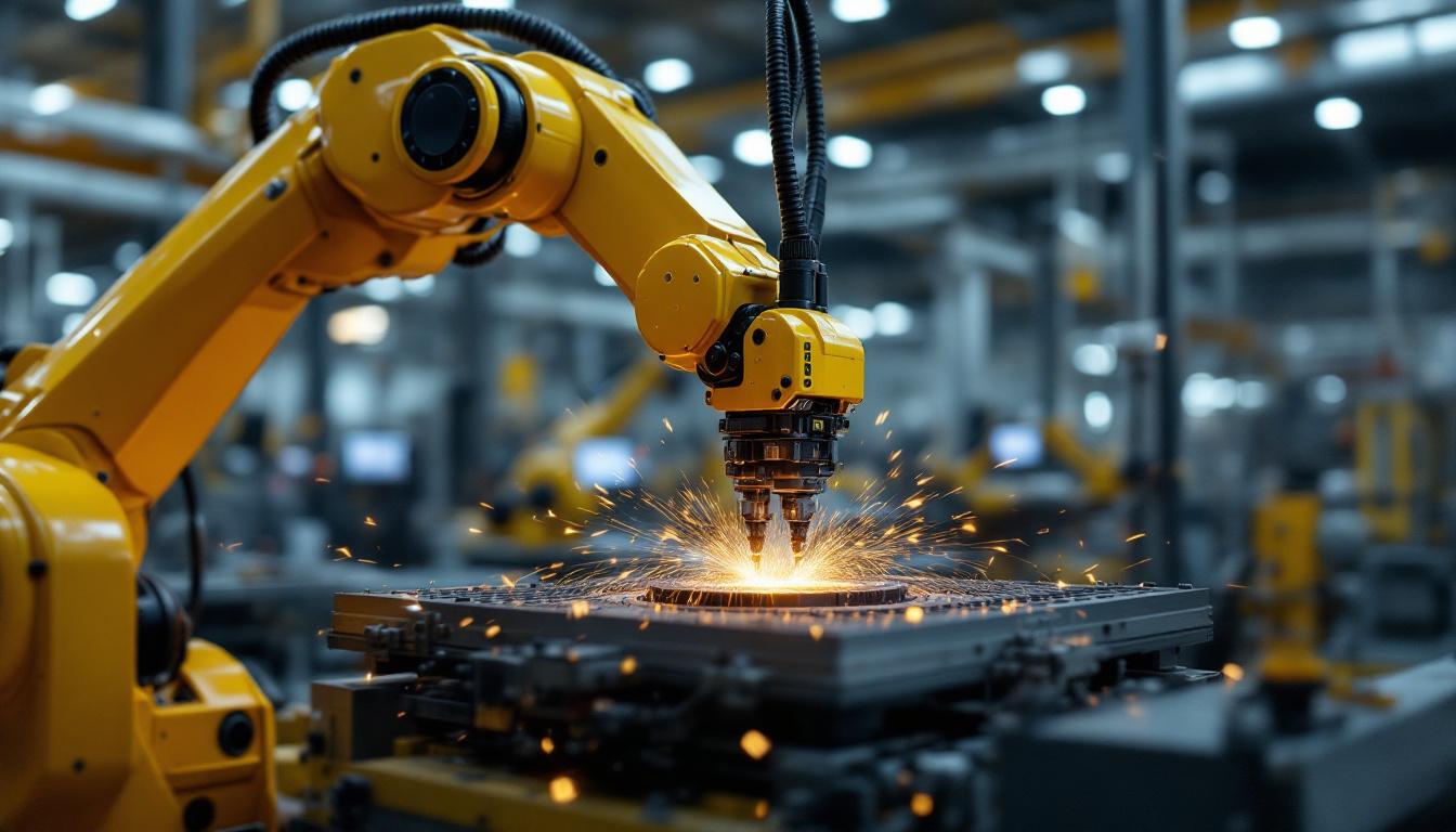 A photograph of a dynamic industrial robotic arm in action