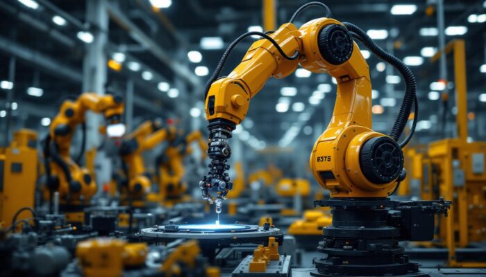 A photograph of a sleek industrial robotic arm in action