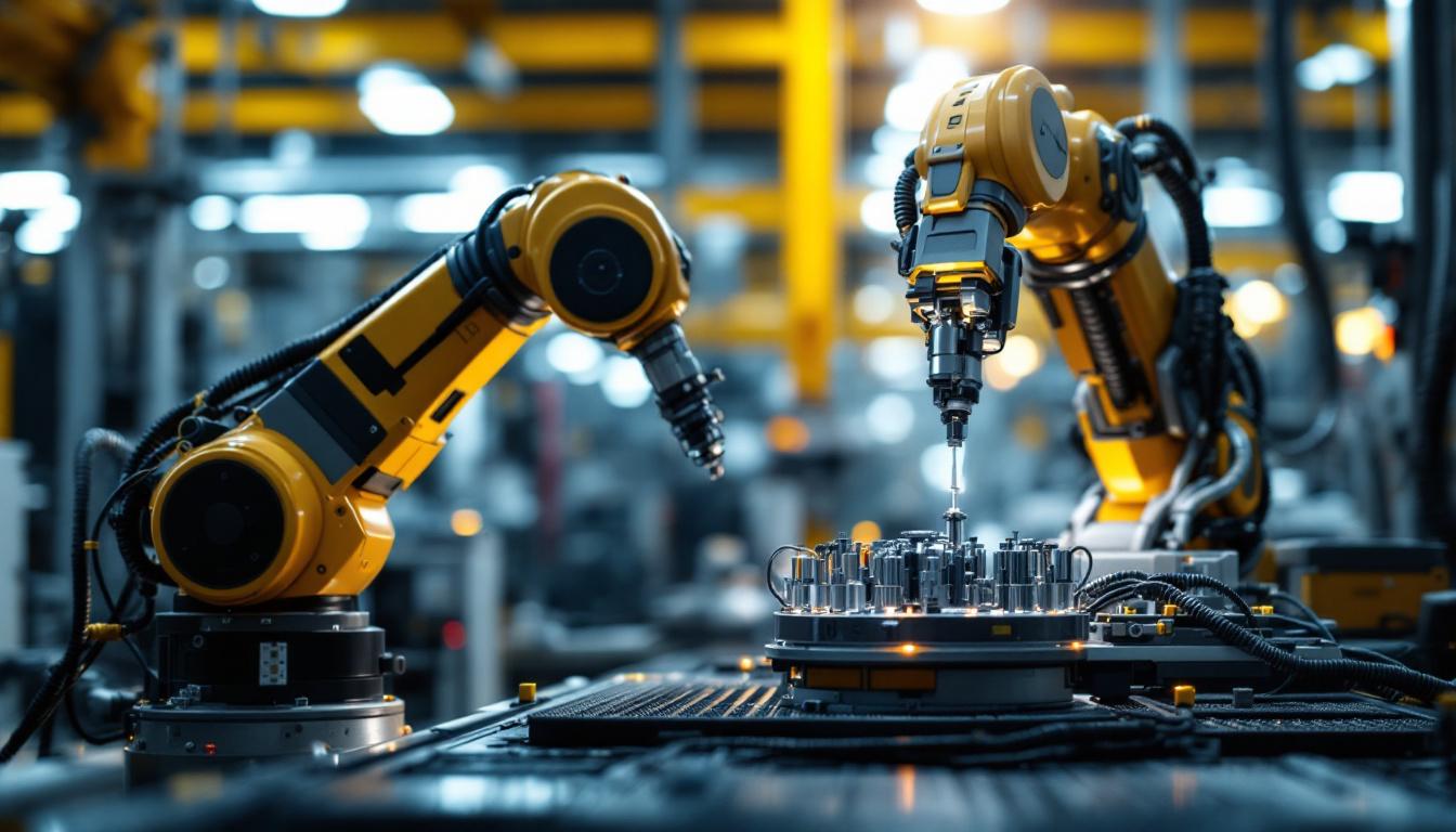 A photograph of a sleek industrial robot at work in a manufacturing setting