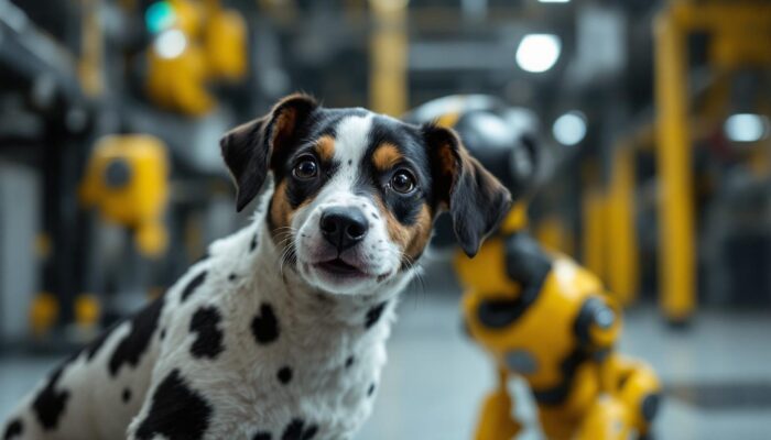 A photograph of a playful dog with distinct black spots in an industrial setting