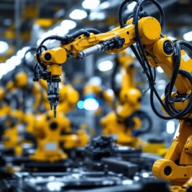 A photograph of a hyundai manufacturing facility showcasing industrial robots in action