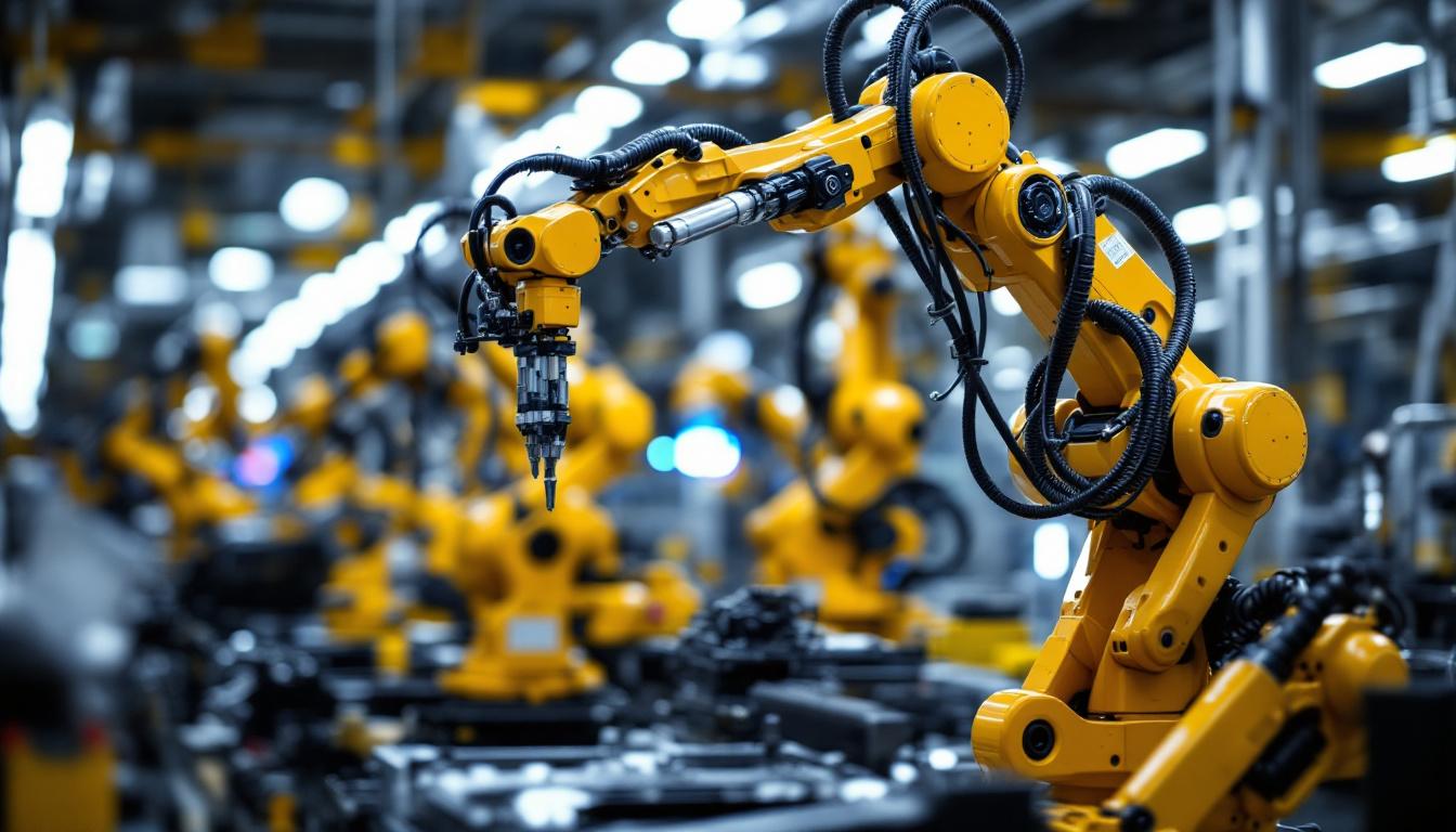 A photograph of a hyundai manufacturing facility showcasing industrial robots in action