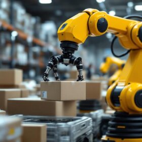 A photograph of a sleek industrial robotic arm in action